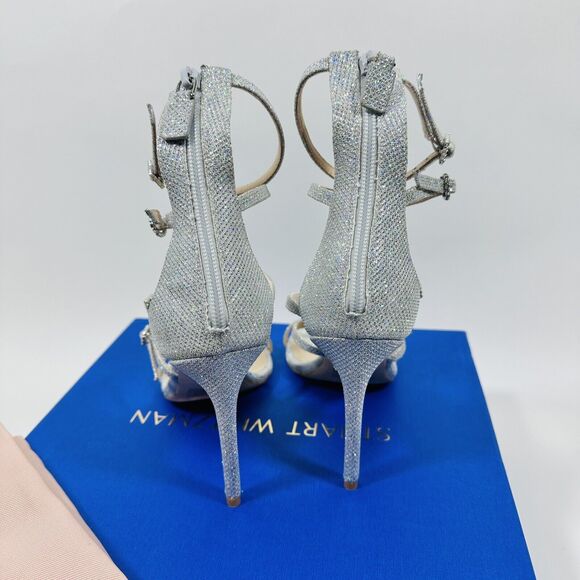 NIB Stuart Weitzman Nudist 7.5 Crystal Buckle Sandals 100mm Silver Glitter $625 - Picture 10 of 13